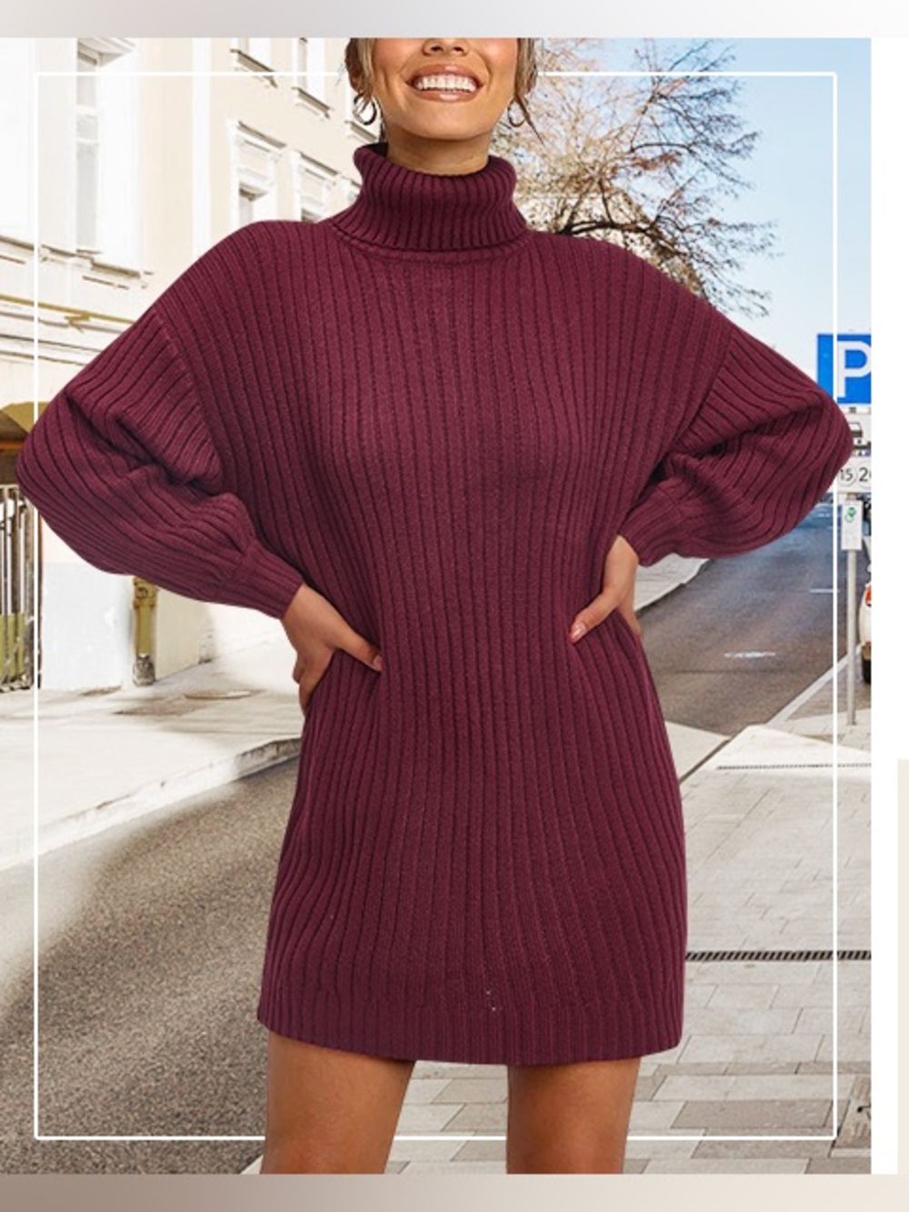 Women's Burgundy Ribbed Turtleneck Sweater Dress, Size Medium